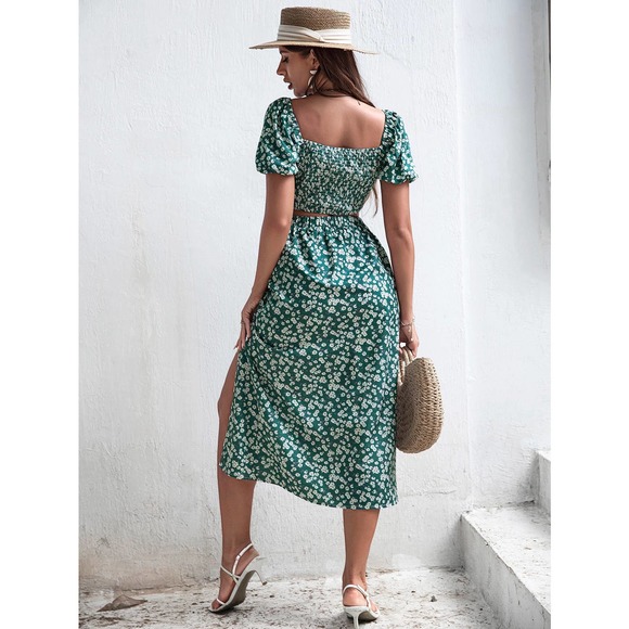 two piece skirt set: Floral Puff Sleeve Crop Top & Split Thigh midi Skirt green - Picture 2 of 5